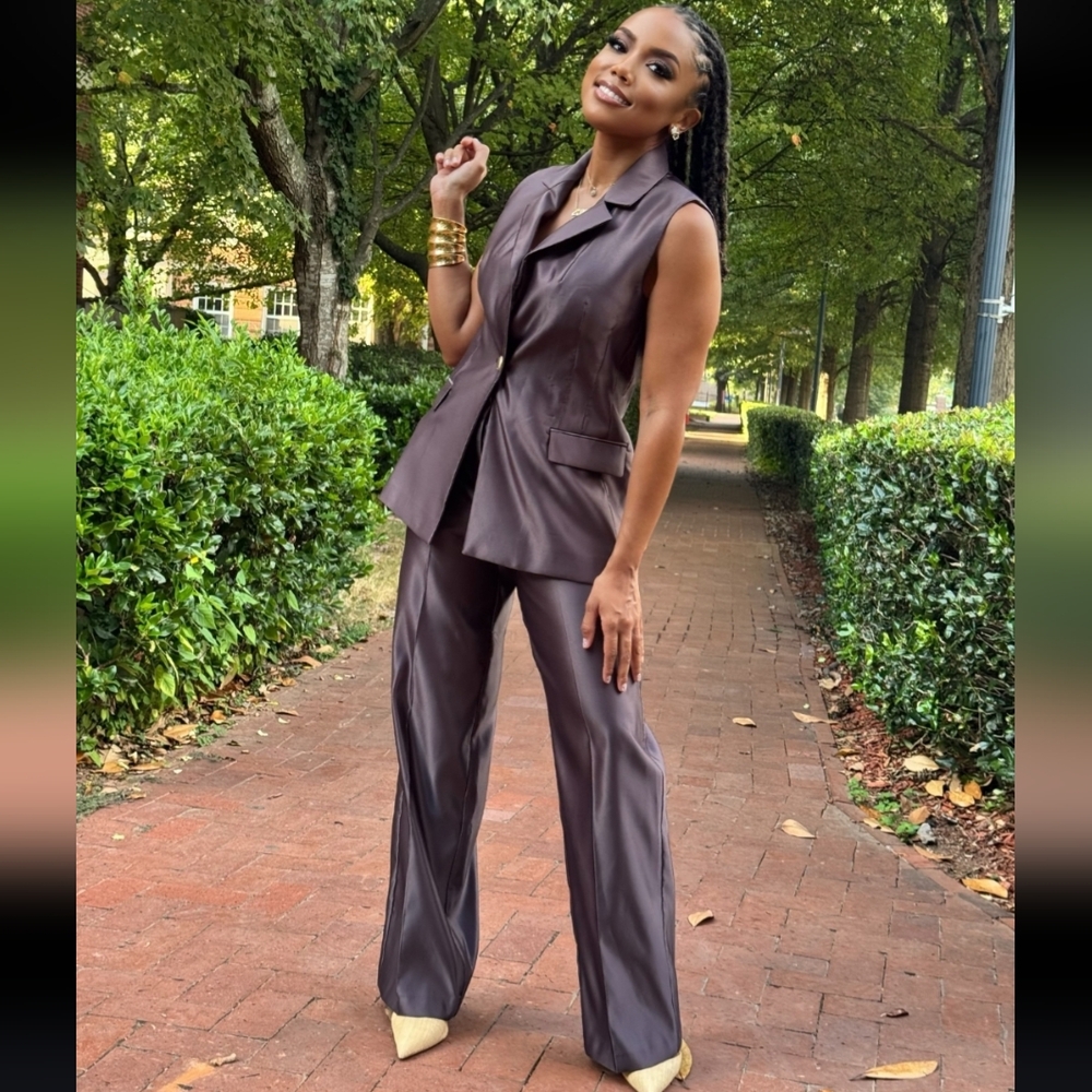 Zara 2 Pc Set Vest & Straight Pants Satin Effect Mocha - Picture 13 of 17
